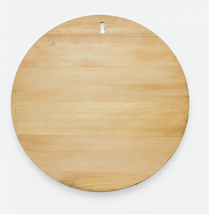 Back of Welcome Deer round showing keyhole hanger, top center. Pictured on a white background.