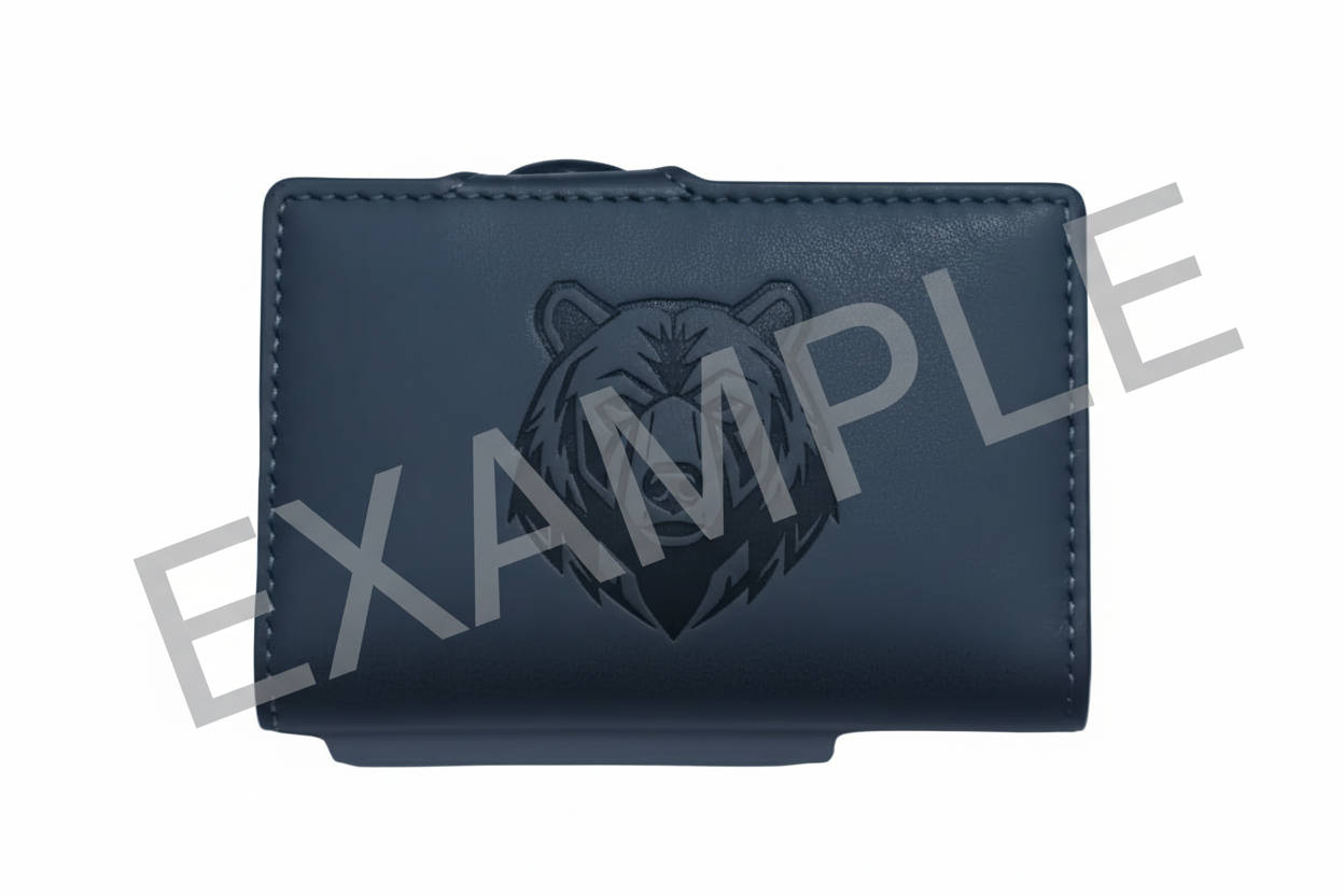 EXAMPLE ENGRAVE- Black leather wallet with bear emblem on as an example only on a white background