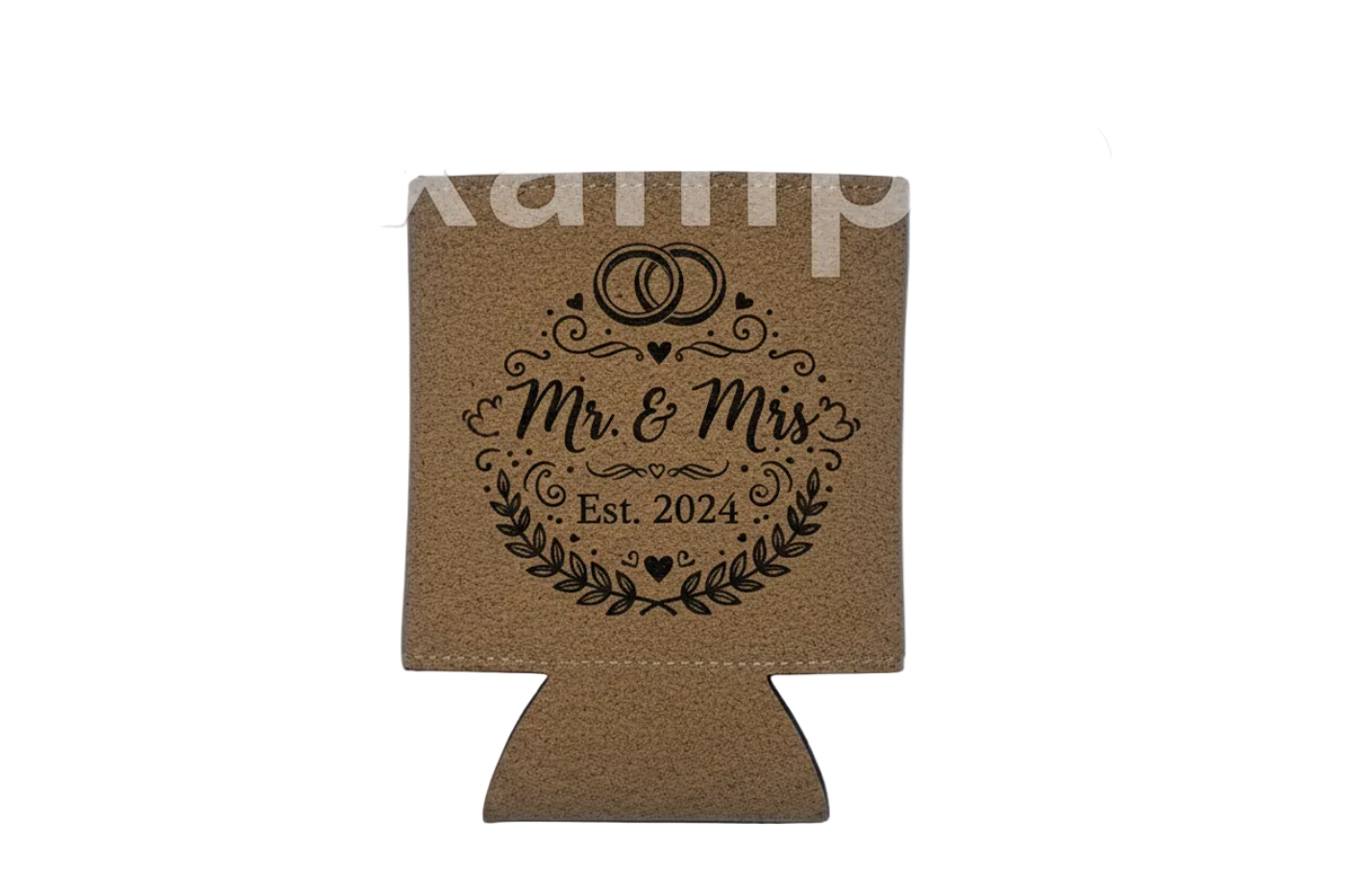 EXAMPLE - Brown cork can cooler with 'Mr. & Mrs. Est. 2024' design, pictured on a white background