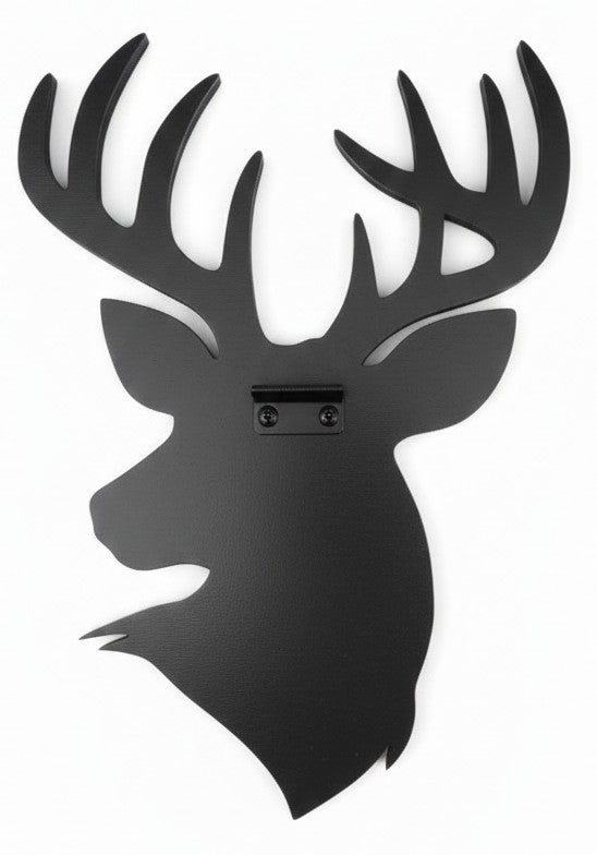 back of deer head with antlers and wall hanging hardware, pictured on a white background