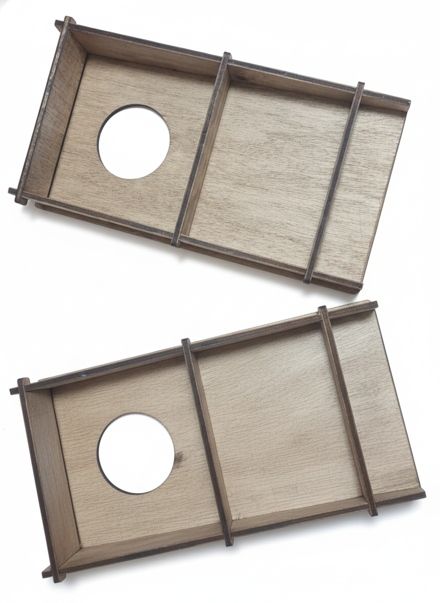 Two wooden mini cornhole boards with a circular hole on a white background