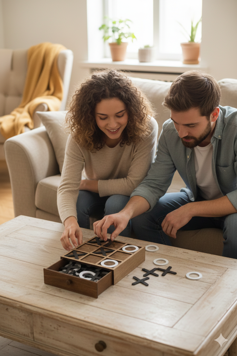 Two people playing a board game together in a cozy living room.