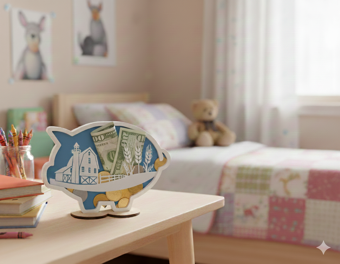 Decorative pig-shaped object on a table in a child's bedroom with a bed and teddy bear in the background.