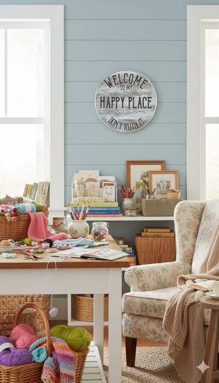 Cozy living room with a 'Welcome to my Happy Place' sign on the wall, a table with craft supplies, and a chair.