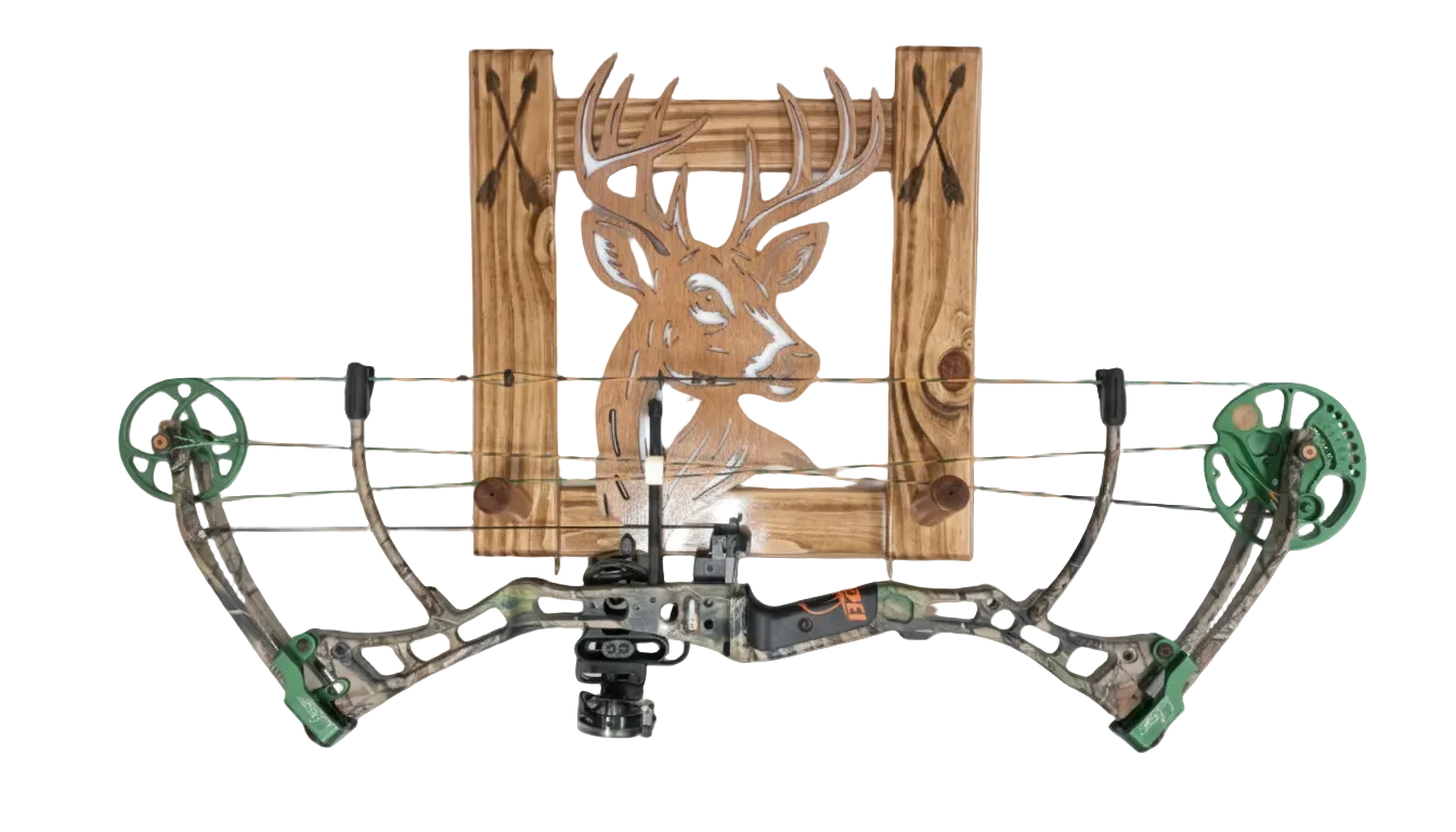 Compound bow mounted on a wooden plaque with deer design against a white background