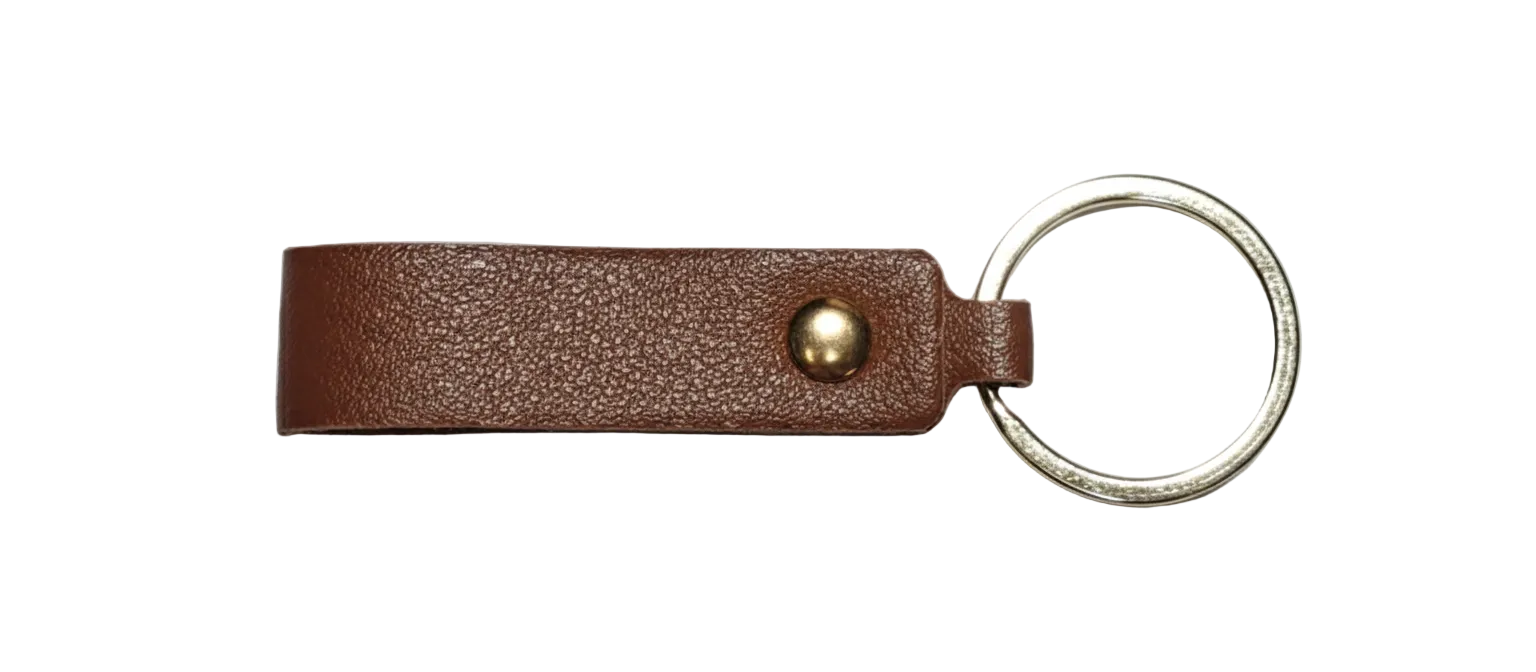 Brown leather keychain with a gold ring, pictured on a white background