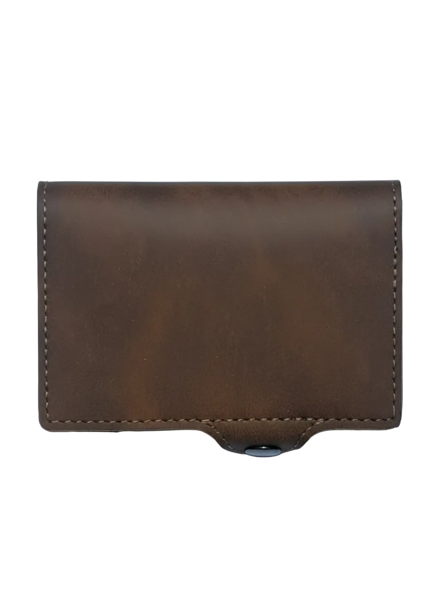 Brown leather wallet pictured on a white background