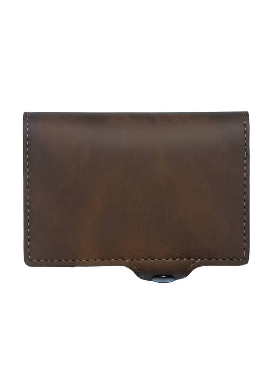 Brown leather wallet pictured on a white background