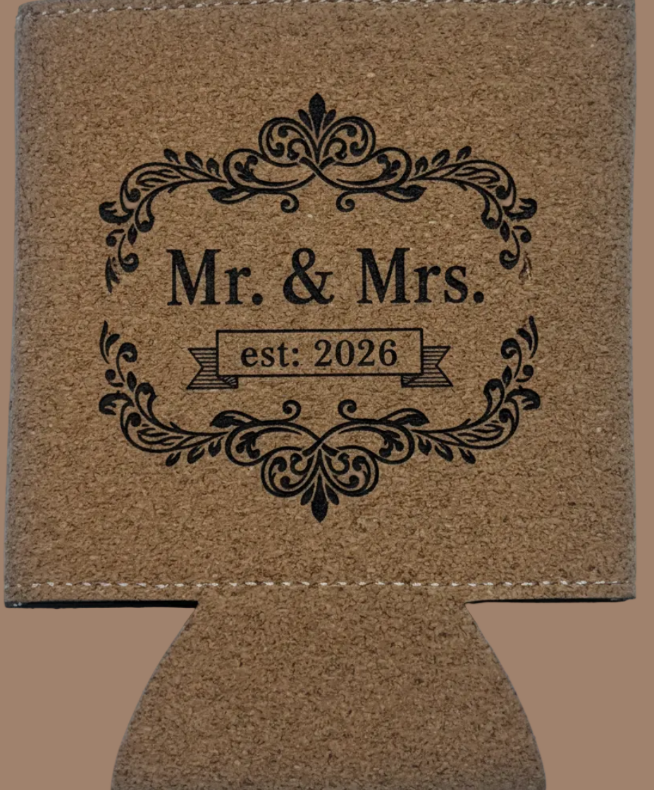 Brown koozie with 'Mr. & Mrs. est: 2026' text on a light blue background
