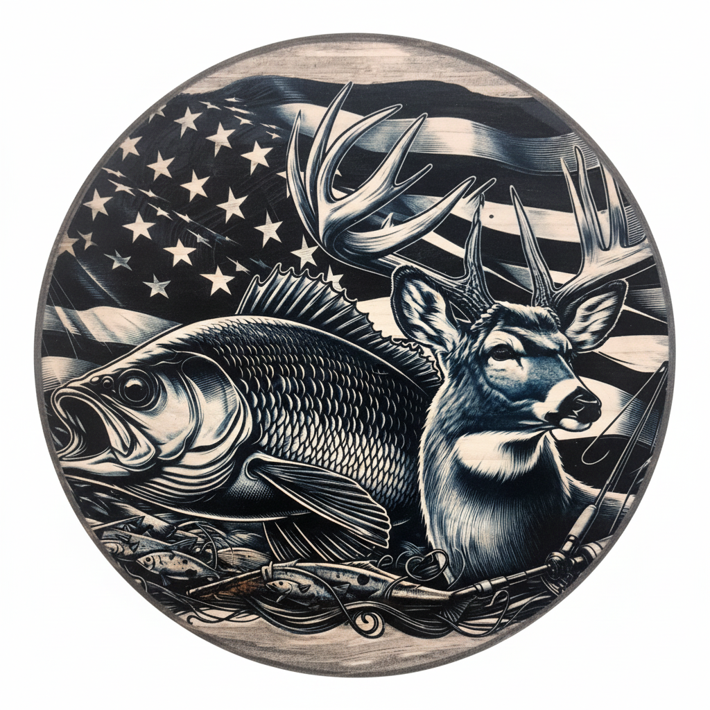 Decorative wood round with a fish and deer design on an American flag background, pictured on a white background