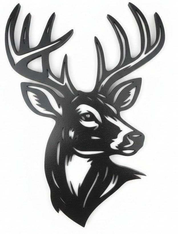 Black silhouette of a deer head with large antlers on a white background. Pictured on a white background. 
