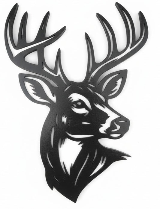 Black silhouette of a deer head with large antlers on a white background. Pictured on a white background. 