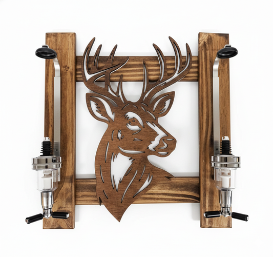 Wooden wall-mounted whiskey dispenser with deer head design, holds 2 whiskey bottles and dispenses 1.2oz shots of whiskey.  Pictured on a white background