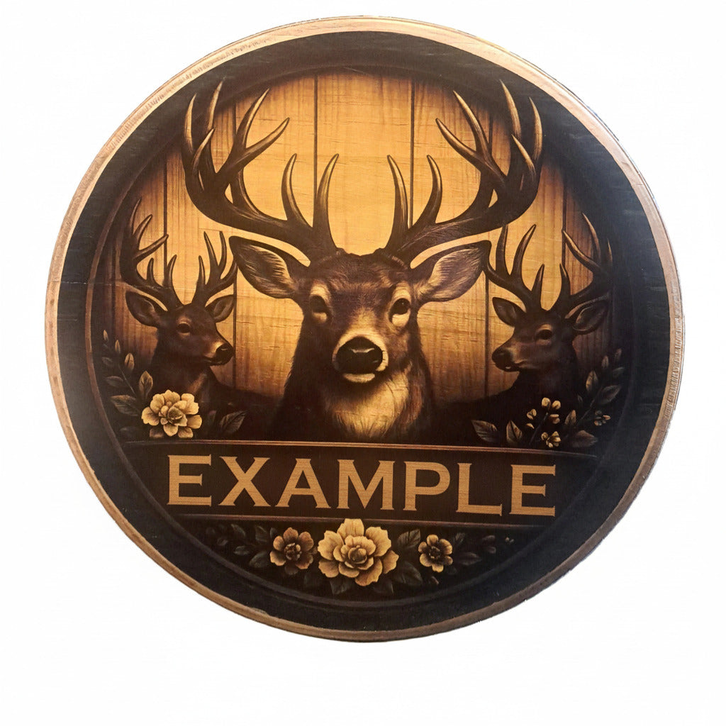 Decorative plate with a deer design and 'Example' branding on a textured surface.