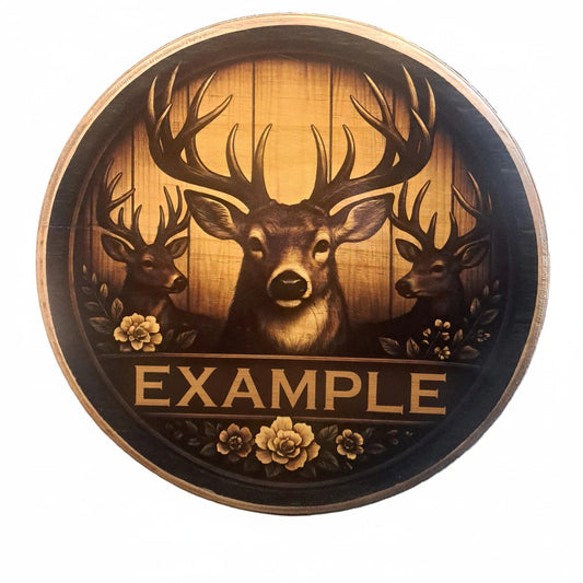 Decorative plate with a deer design and 'Example' branding on a textured surface.