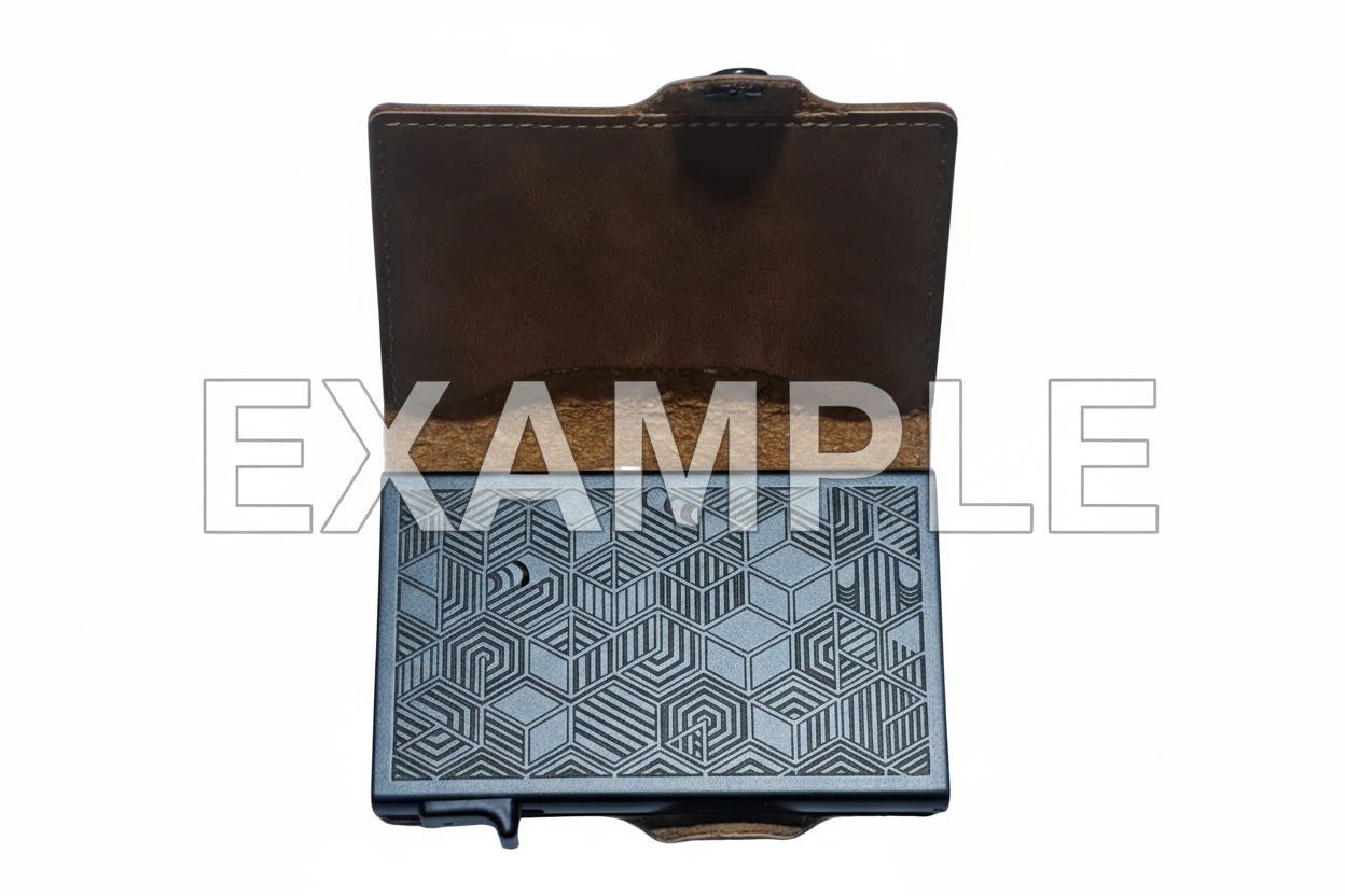EXAMPLE - Brown leather wallet engraved with a geometric design