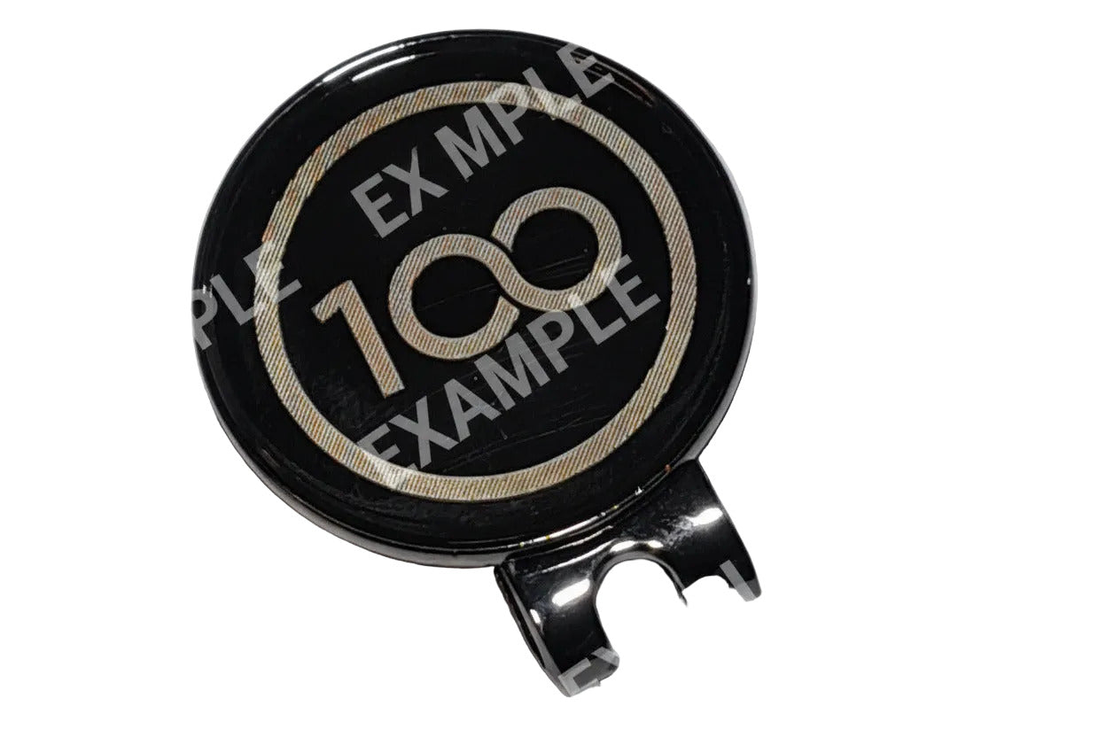 EXAMPLE Black Ball Marker engraved with 100, pictured on a white background