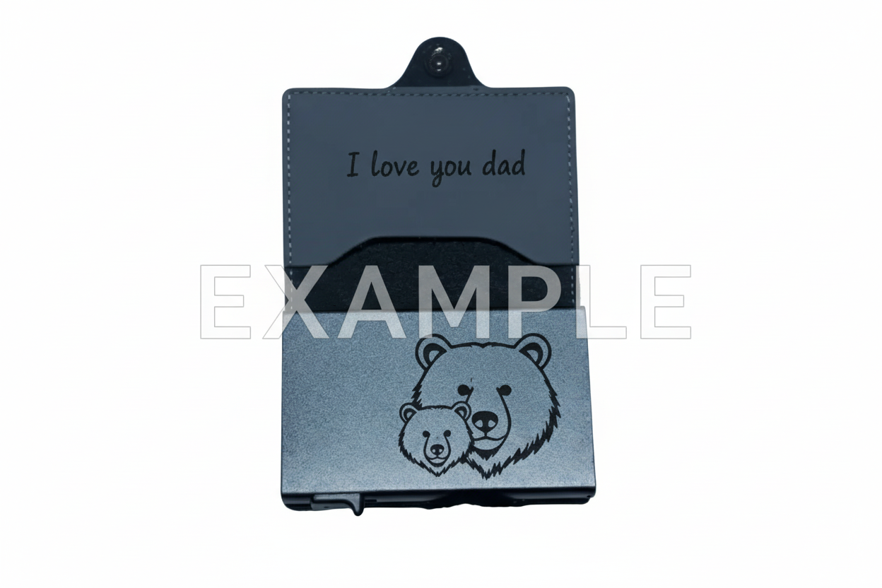 EXAMPLE ENGRAVE - Black wallet with 'I love you dad' text and bear illustration, pictured on a white background