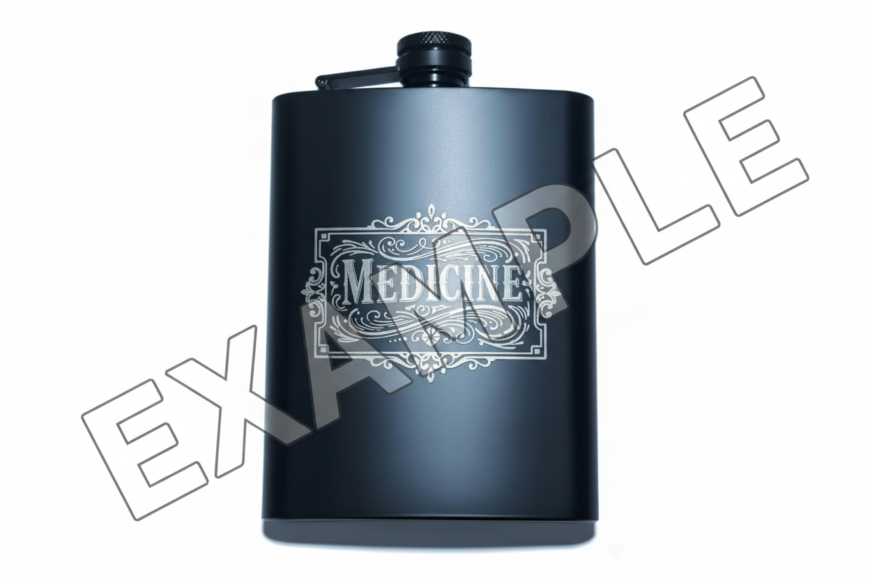 EXAMPLE black flask with "medicine" engraved on the front, pictured on a white background. 