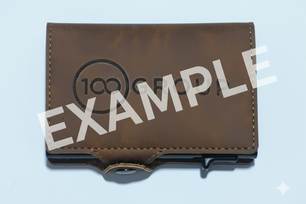 Example Brown leather wallet with '100 Group' branding, pictured on a white background