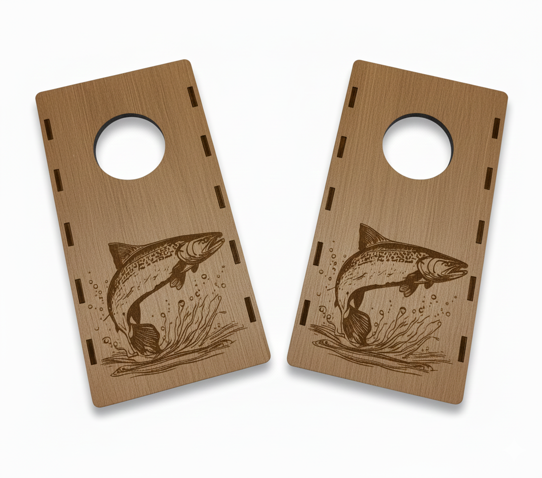 Two wooden mini cornhole boards with fish design, pictured on a white background