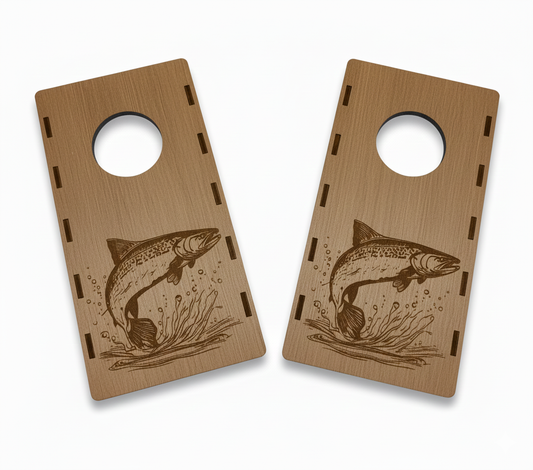 Two wooden mini cornhole boards with fish design, pictured on a white background