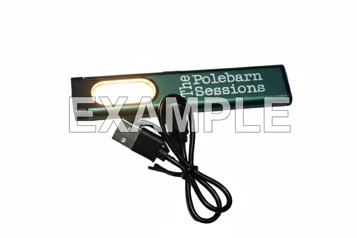 Flashlight with 'The Polebarn Sessions' branding and USB cable on a white background