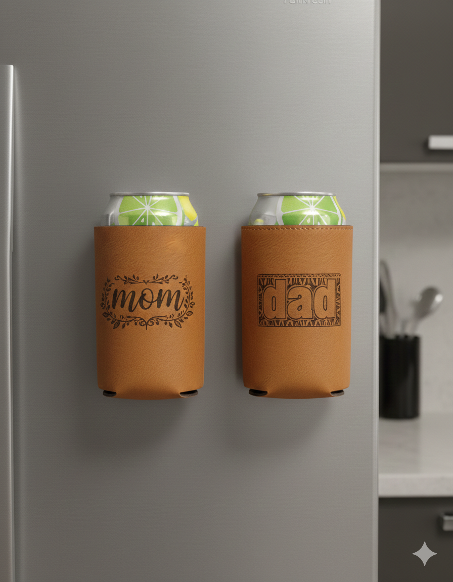 Two leather can coolers labeled 'mom' and 'dad' attached to a refrigerator.