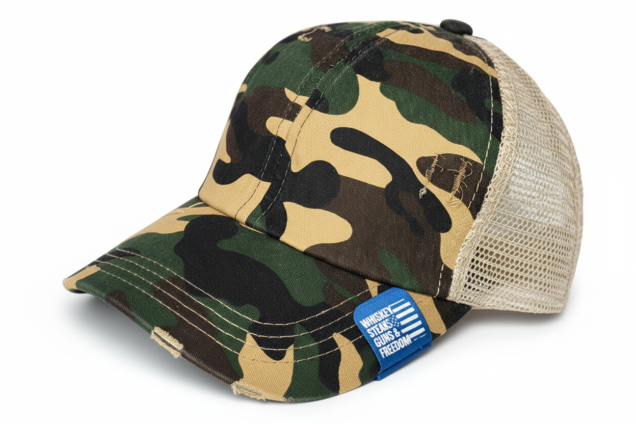 Example photo - camo hat with light blue hat clip set on a white background