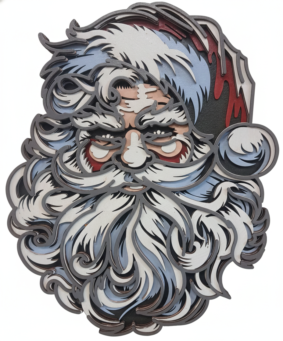 Decorative Santa face made of 6 layers of wood, each painted a contrasting color. Pictured on a white background. 