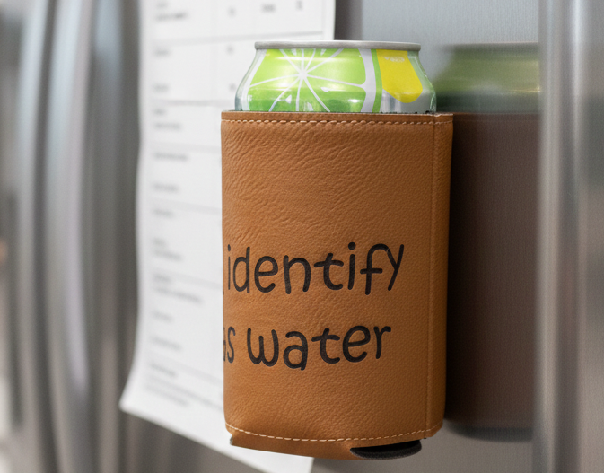 brown can cooler holding a beverage stuck to a refrigerator