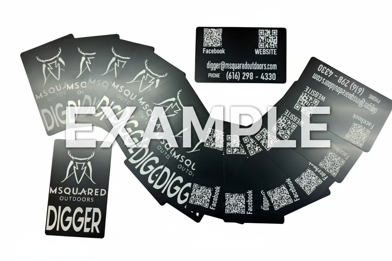 Collection of black business cards with text and QR codes on a white background