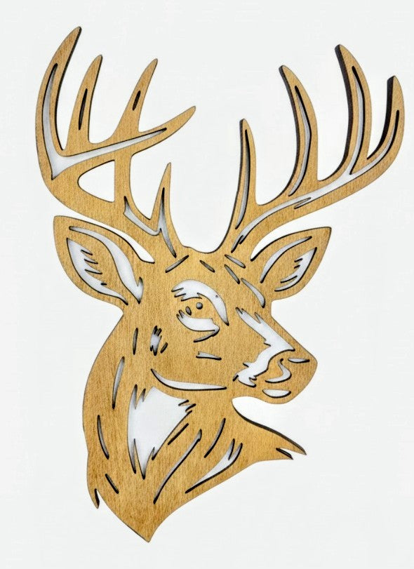 Wooden deer head wall art, pictured on a white background