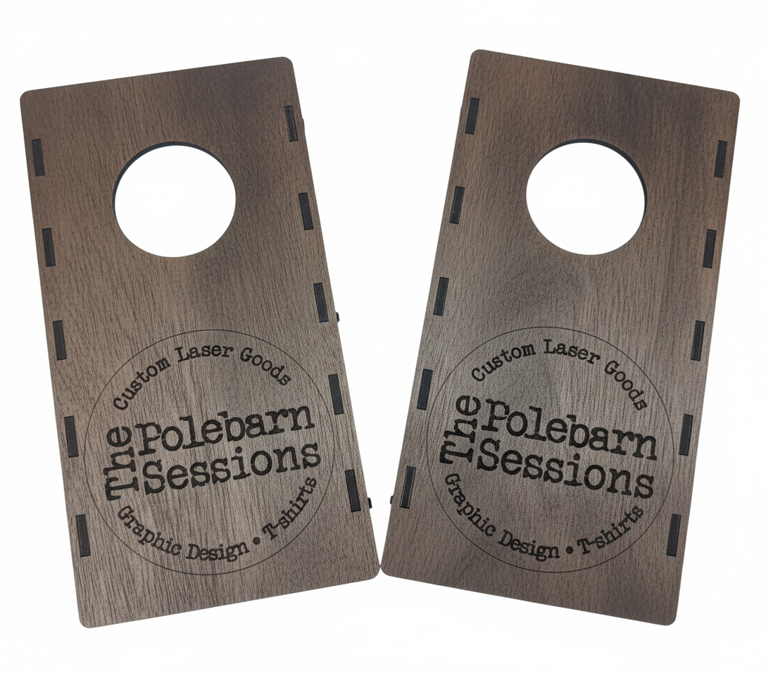 Two wooden mini cornhole boards with 'The Polebarn Sessions' branding on a white background. 