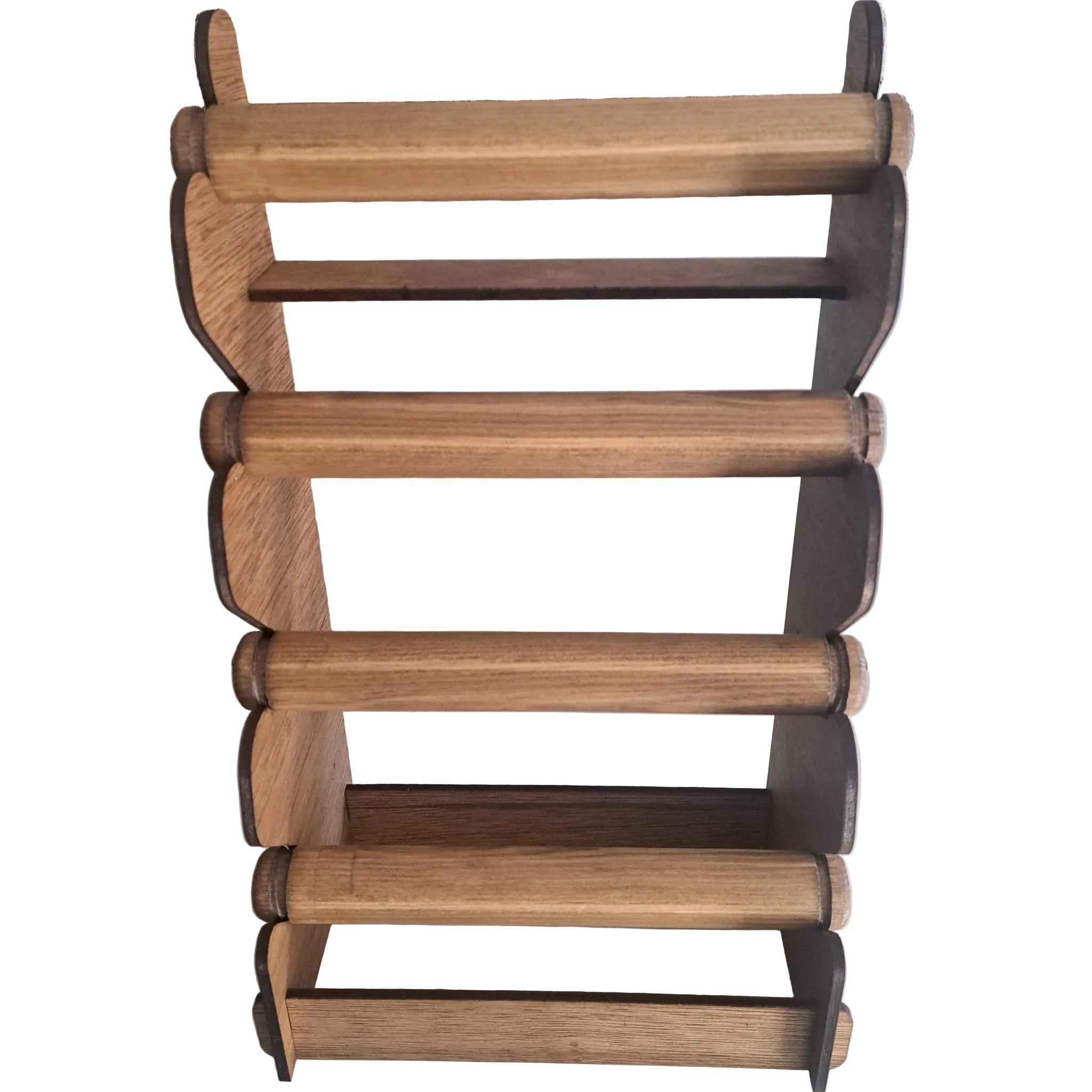 Wooden shelf with multiple shelves on a white surface.