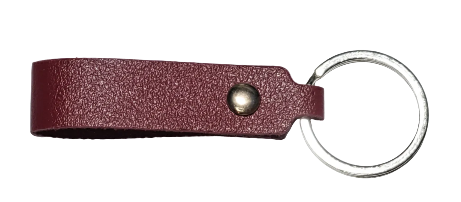 Red leather keychain with a metal ring pictured on a white background