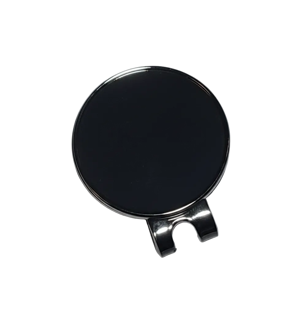 Silver Ball marker for golfing, clips to your hat. Pictured on a white background. 