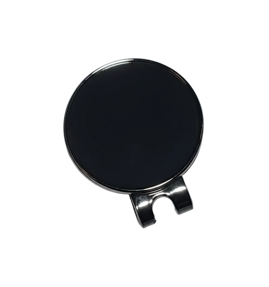Silver Ball marker for golfing, clips to your hat. Pictured on a white background. 