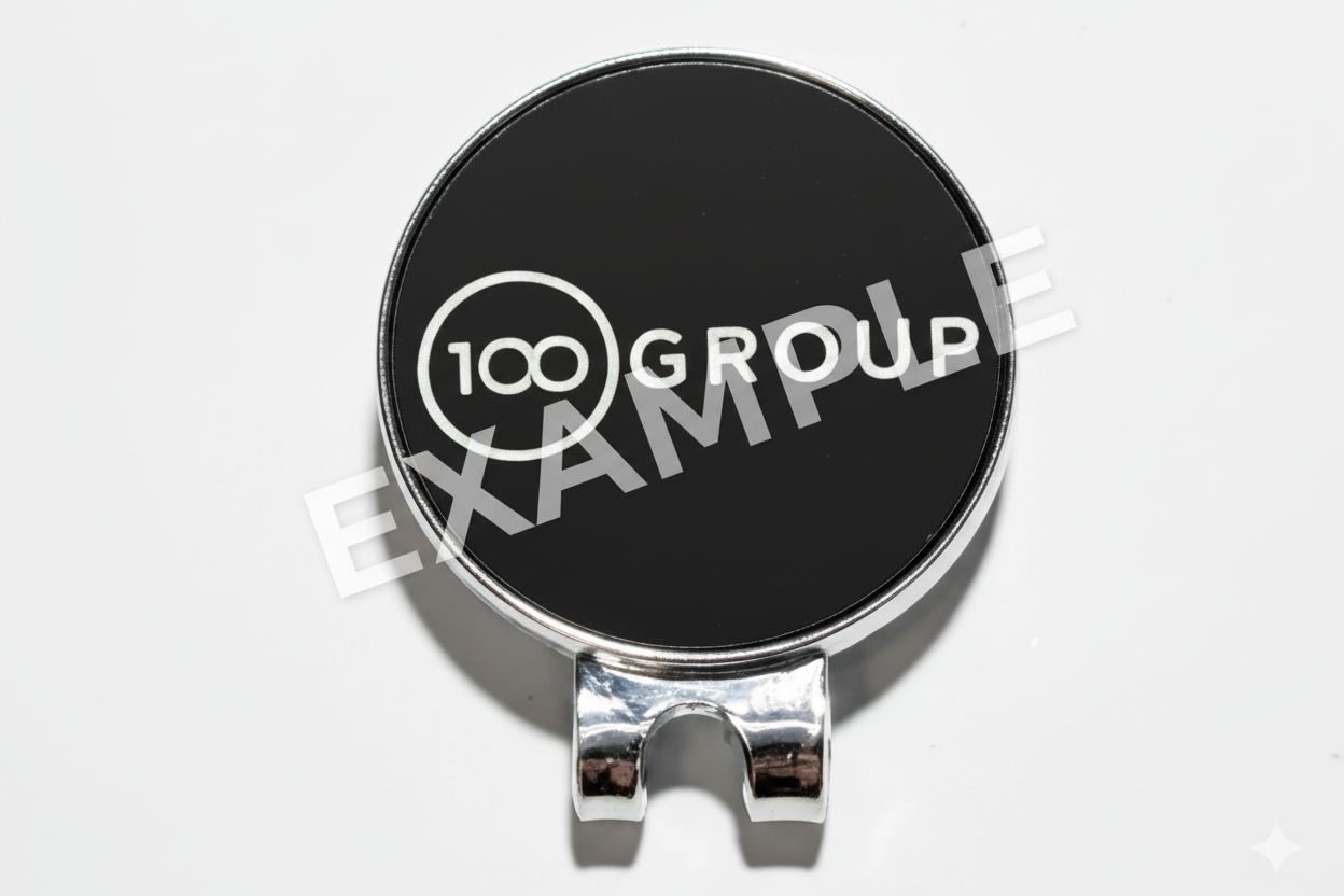 EXAMPLE - Silver ball marker engraved with 100 group logo