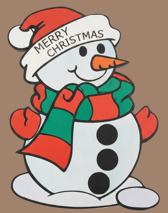 Cartoon snowman with a red Santa hat and green scarf on a white background