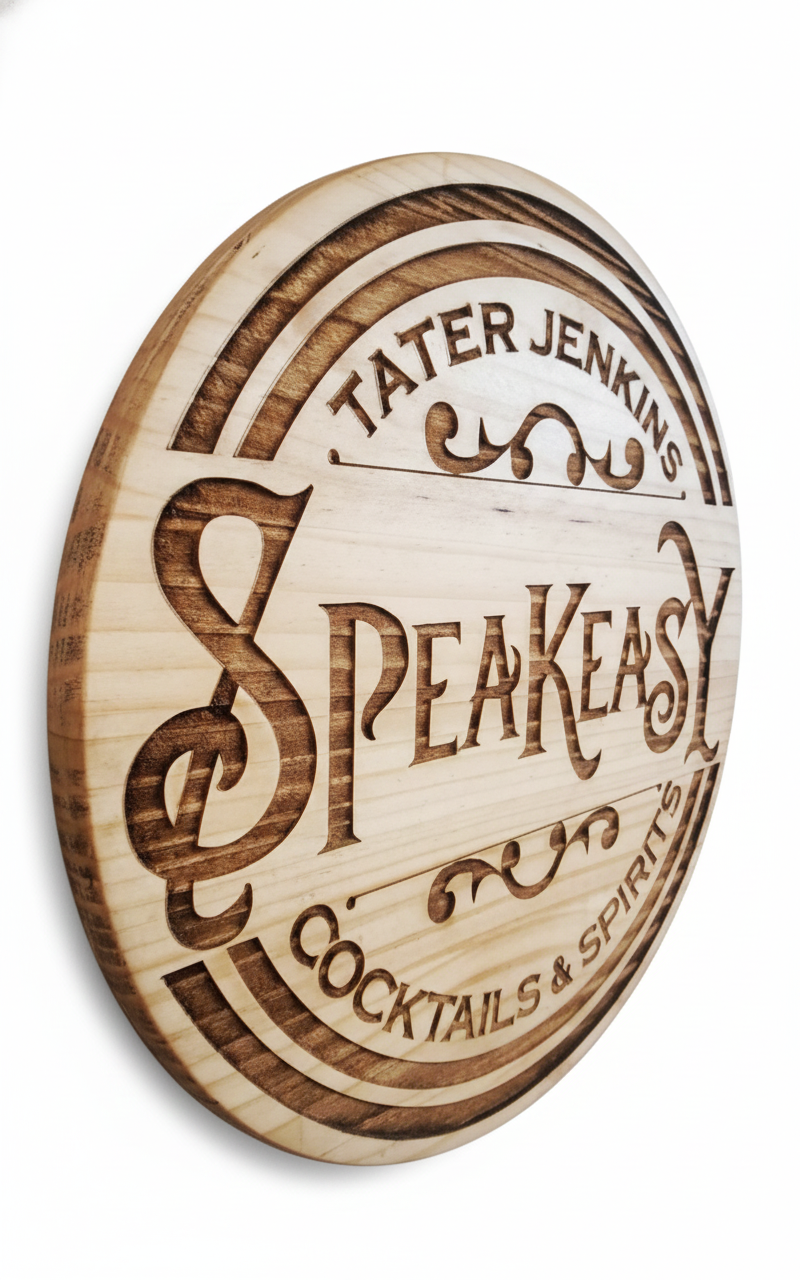 Wooden sign with 'Tater Jenkins' Speakeasy Cocktails & Spirits' engraved on it.