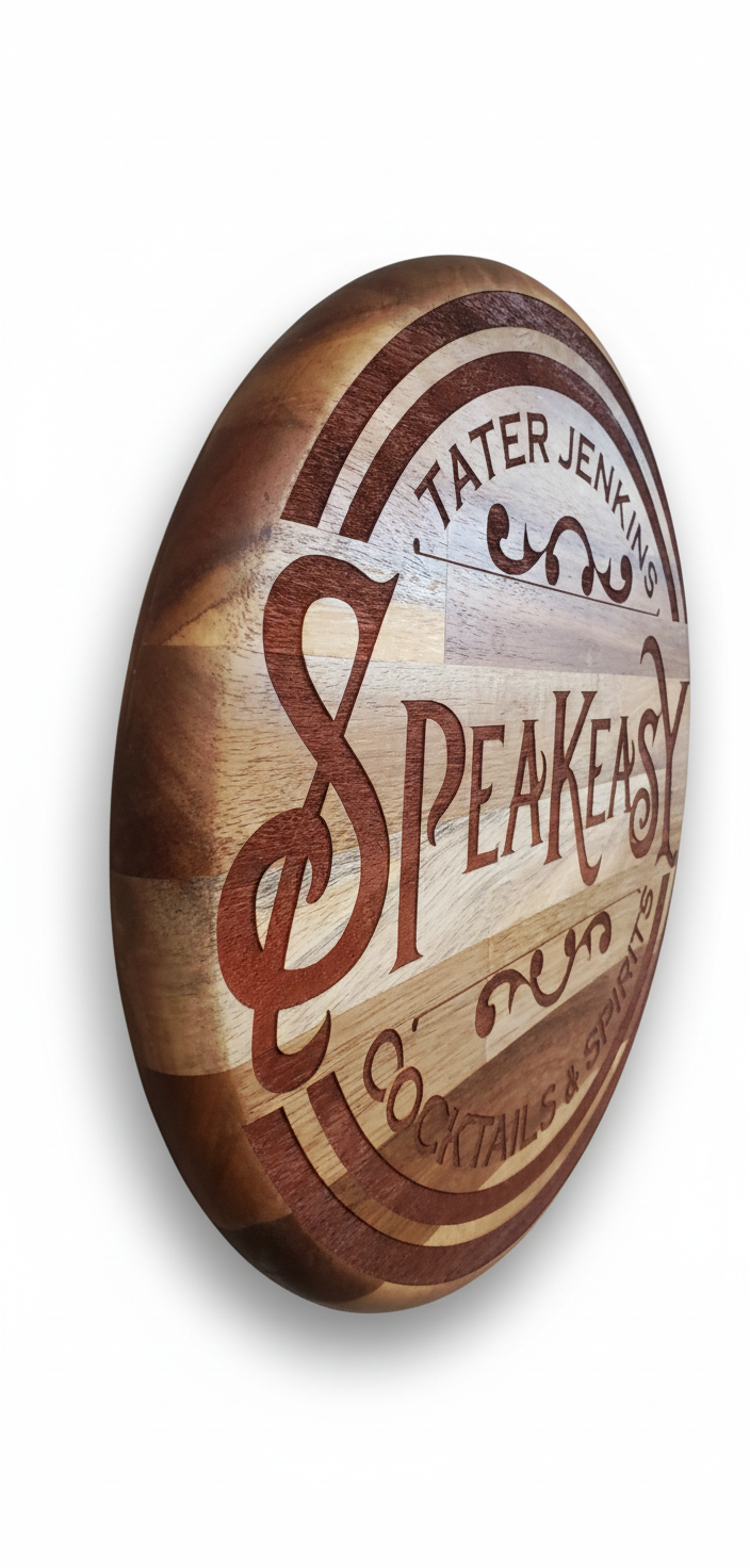 Wooden sign with 'Speakeasy' branding on a white background