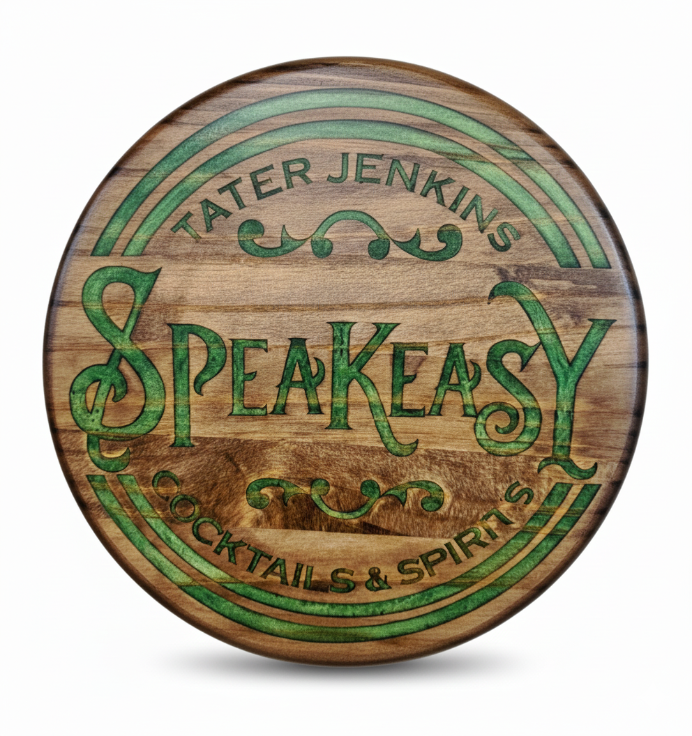 Wooden circular sign with 'Tater Jenkins Speakeasy Cocktails & Spirits' engraved in green text on a white background