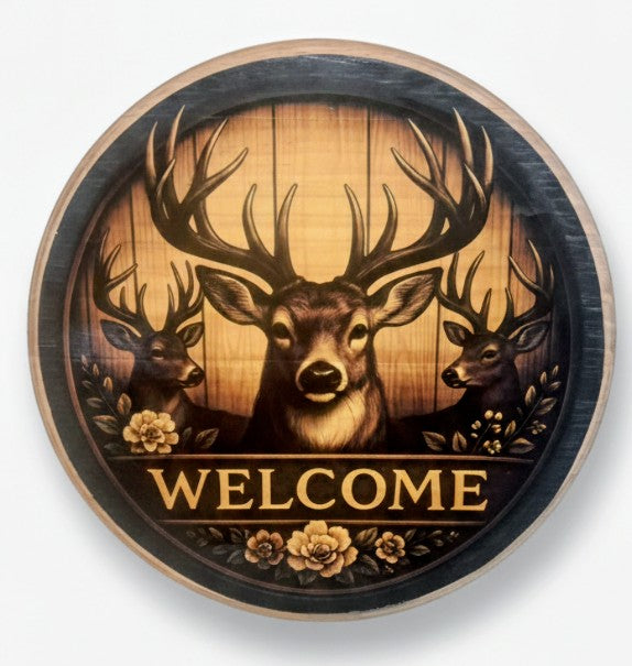 Decorative wall art with deer illustration and 'WELCOME' text on a wooden background. Pictured on a white background. 