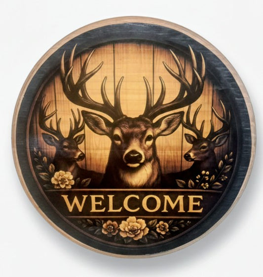 Decorative wall art with deer illustration and 'WELCOME' text on a wooden background. Pictured on a white background. 