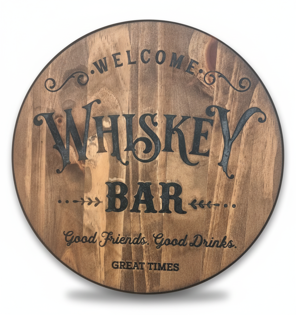 Wooden circular sign with 'Welcome Whiskey Bar' text on a white background