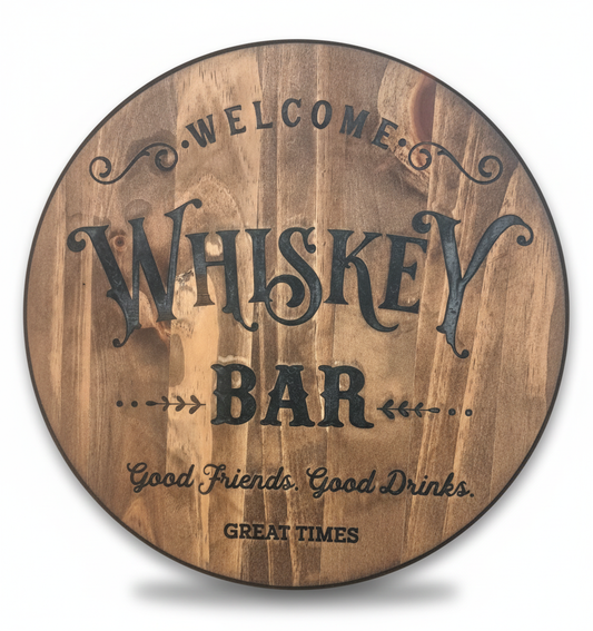 Wooden circular sign with 'Welcome Whiskey Bar' text on a white background