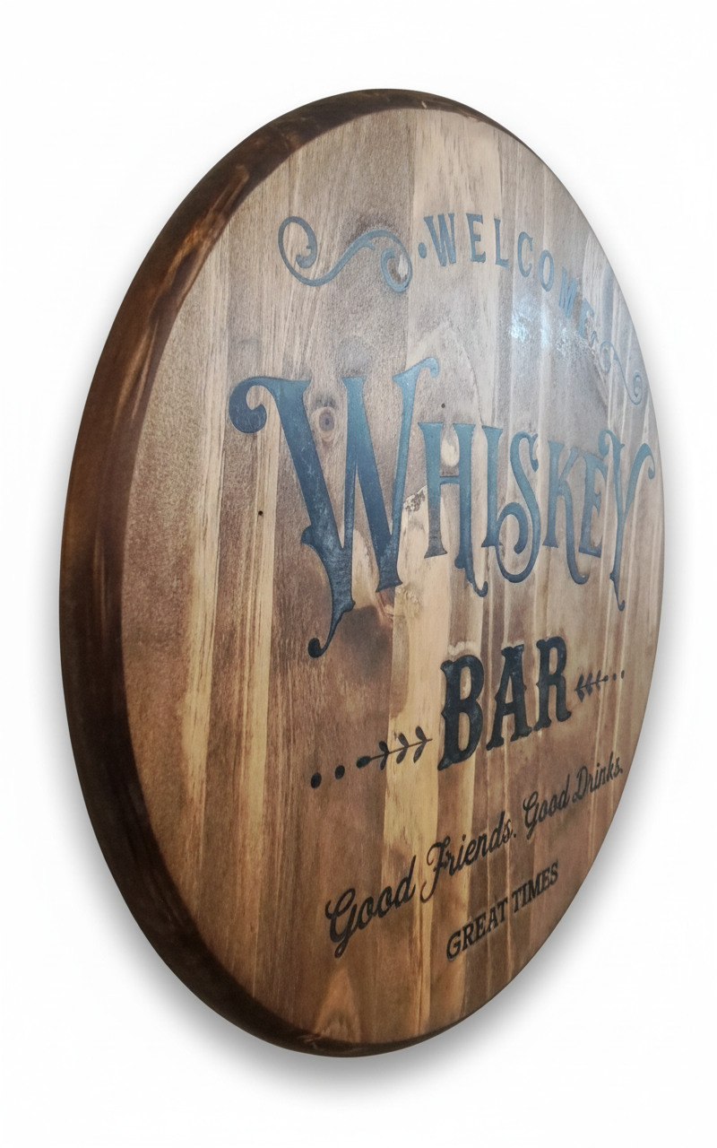 Wooden barrel with 'Whiskey Bar' text on a white background