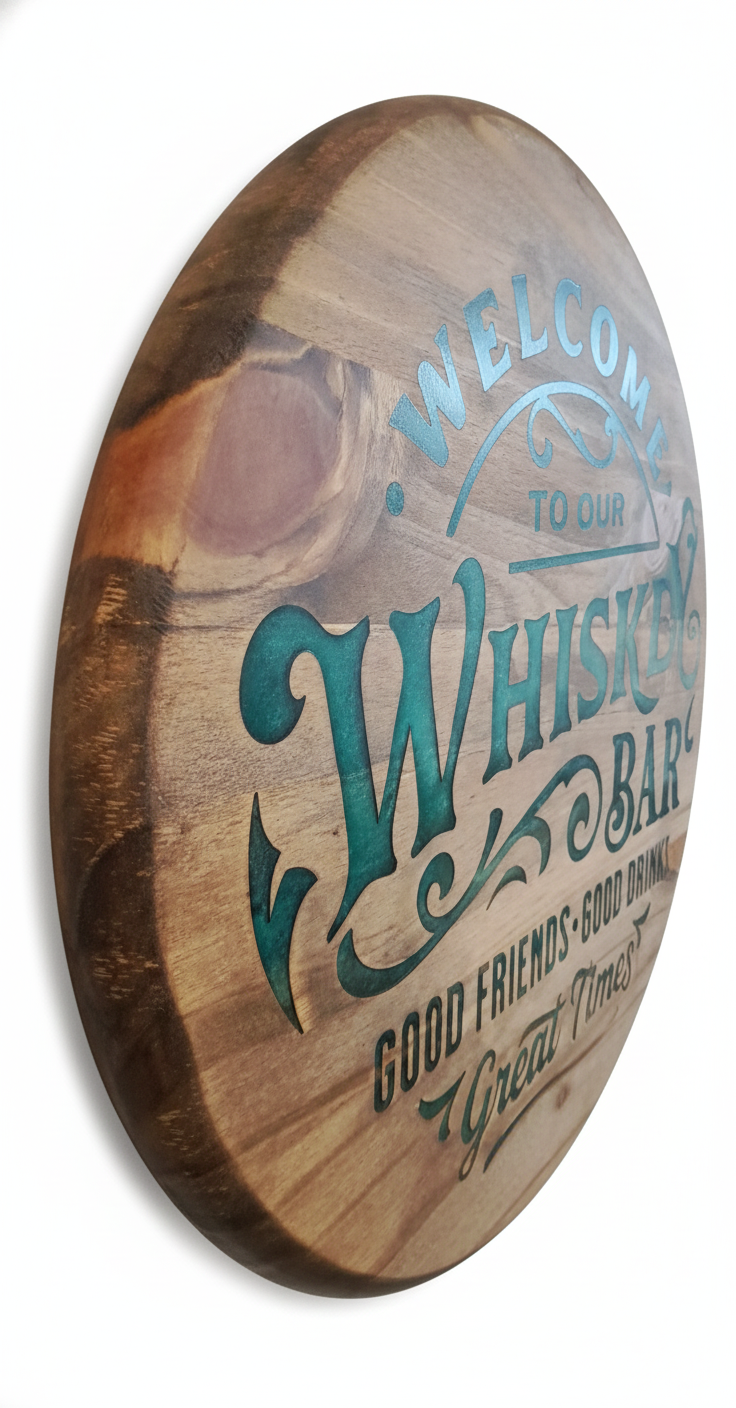 Wooden circular sign with engraved text 'Welcome to our Whiskey Bar' on a white background