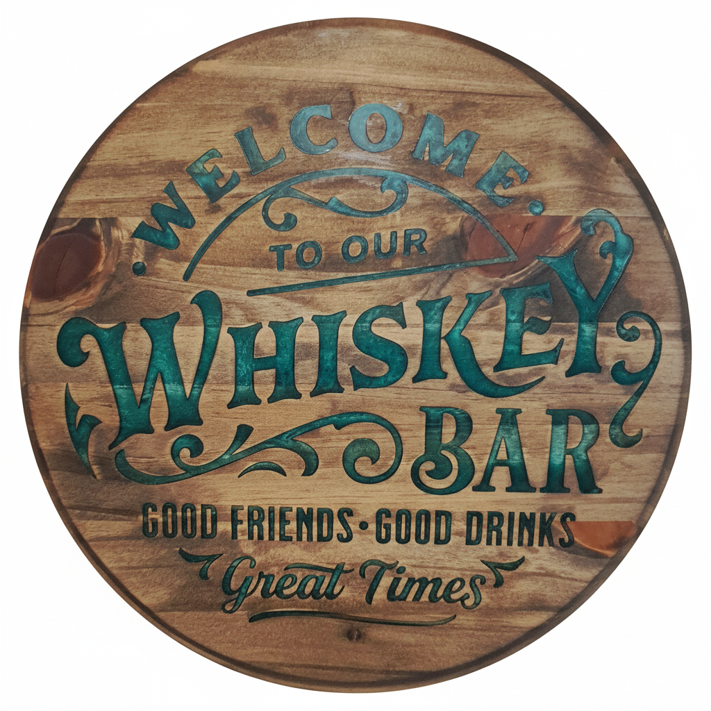 Wooden circular sign with engraved text 'Welcome to our Whiskey Bar Good Friends Good Drinks Great Times' on a white background.
